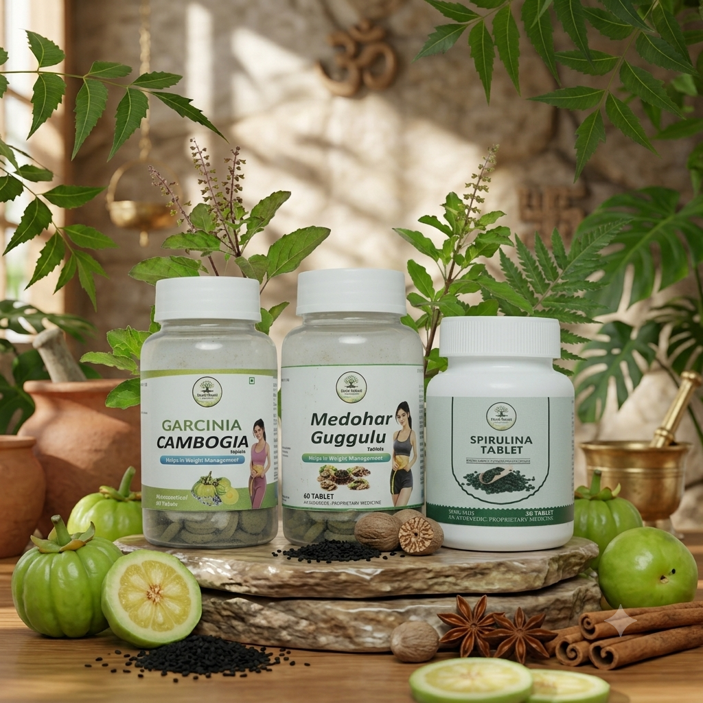 Ayurvedic Fat Burner & Energy Defense Kit - Garcinia Cambogia, Medohar Guggulu & Spirulina Tablets