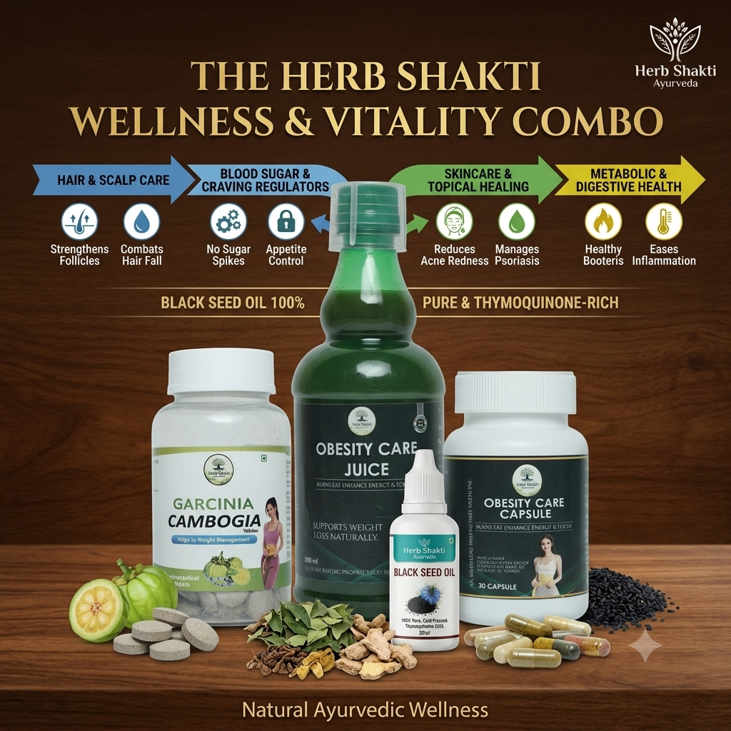 Wellness & Vitality Combo - Garcinia Cambogia, Obesity Care Juice, Capsules & Pure Kalonji Black Seed Oil