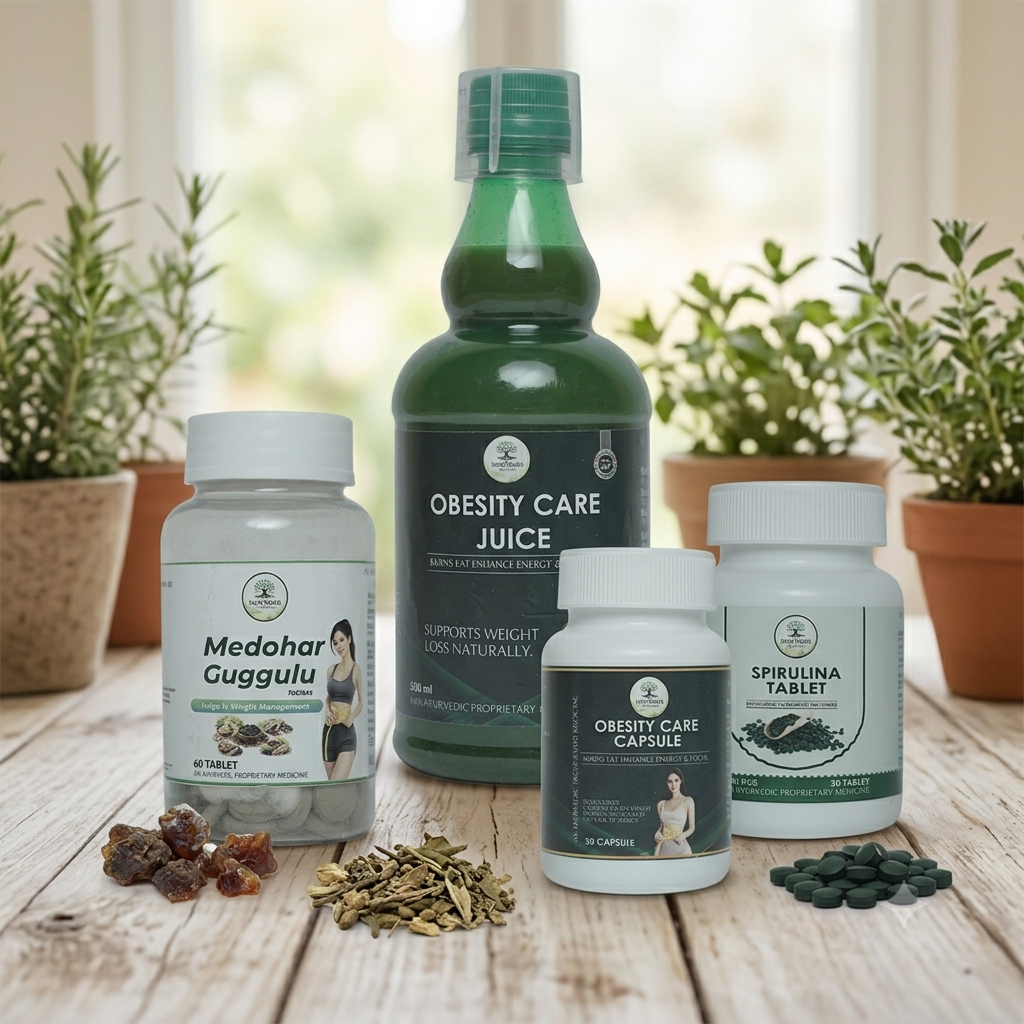 Medohar Guggulu, Obesity Care Juice, Obesity Care Capsule & Spirulina Tablets